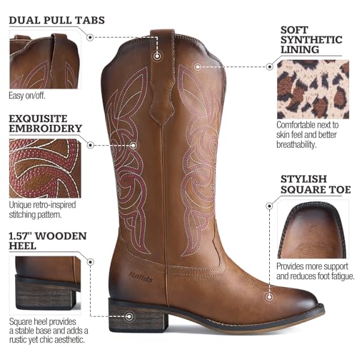 Cowgirl Boots Cowboy Boots for Women Square Toe Mid Calf Western Boots Ladies Fashion Boots with Chunky Heel