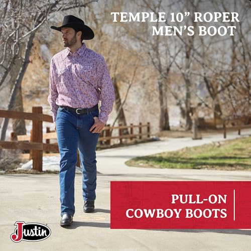 Temple 10" Roper Cowboy Boots for Men - Durable Pull-On Round Toe Cowhide Boots with Covered Cushion Insole and Triple-Density