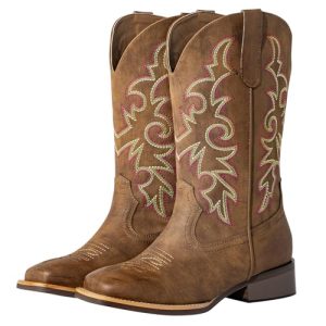 Women's Extra Wide Calf Cowboy Boots Square Toe – Pull-On Western Boots for Thick Calves, Stretch Comfort & Removable Insole,