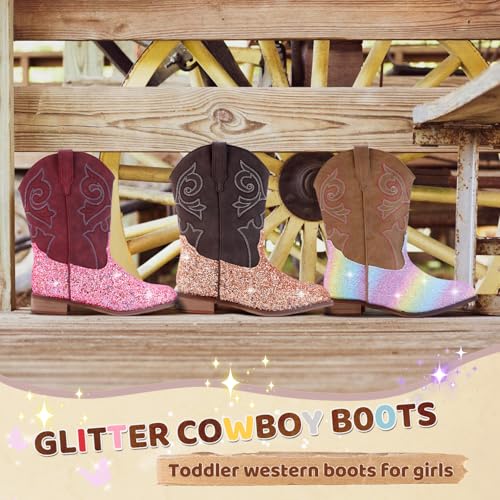 Girls Cowboy Boots Kids Cowgirl Western Boot Glitter Round Toe with Walking Heel for Toddler/Little Kid/Big Kid