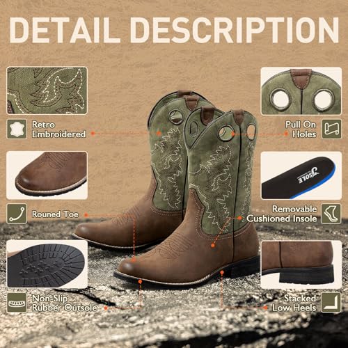 Western Mens Cowboy Boots Round Toe Work Boot Slip On Pu Leather Embroidered Casual Dress Boots Brown