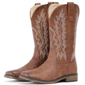 Cowboy Boots For Women Square Toe Wide Western Boots Mid Calf Cowgirl Boots Pull On Embroidered Brown Cowboy Boots