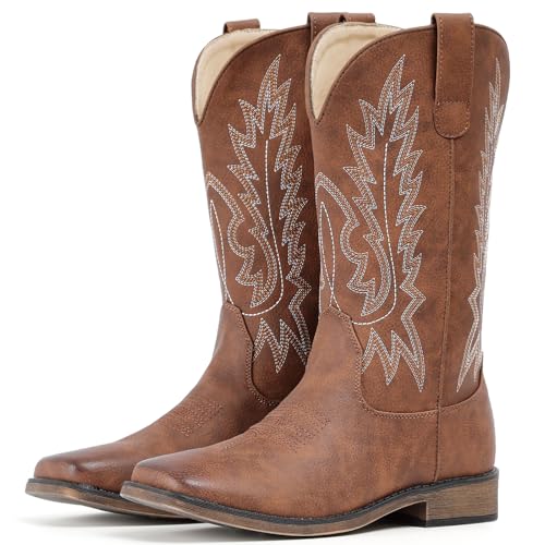 Cowboy Boots For Women Square Toe Wide Western Boots Mid Calf Cowgirl Boots Pull On Embroidered Brown Cowboy Boots