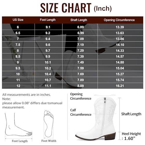 Women's Cowboy Boots, Western Cowgirl Mid-Calf Pull on Round Toe Embroidered Country Boots with Inside Zipper