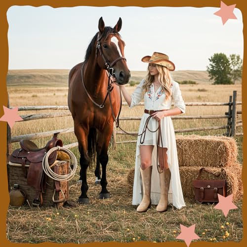 Western Cowgirl Outfits Women Straw Cowboy Hat Brown Cowboy Boots with Pointed Toe Embroidery for Country Concert