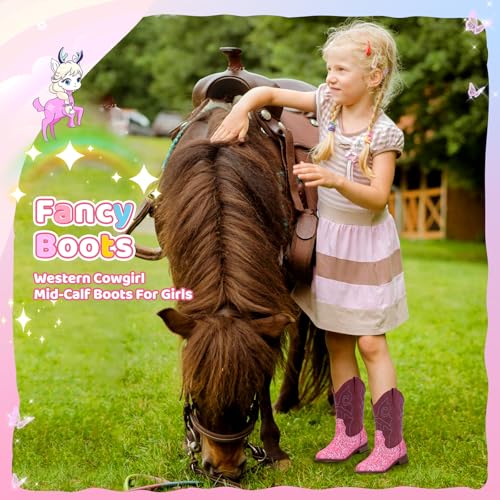 Girls Cowboy Boots Kids Cowgirl Western Boot Glitter Round Toe with Walking Heel for Toddler/Little Kid/Big Kid