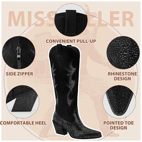 51OwIRedy4L.jpg Women's Rhinestone Cowboy Boots Mid Calf Cowgirl Boots Pointed Toe Chunky Heel Sparkly Western Boot with Pull On Tabs