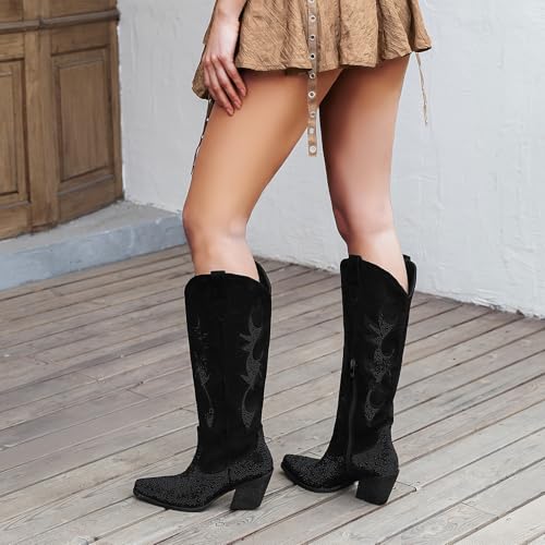51Rw3CD0gKL.jpg Women's Rhinestone Cowboy Boots Mid Calf Cowgirl Boots Pointed Toe Chunky Heel Sparkly Western Boot with Pull On Tabs