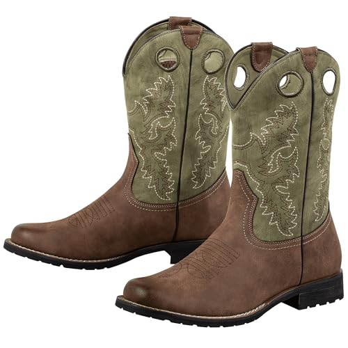Western Mens Cowboy Boots Round Toe Work Boot Slip On Pu Leather Embroidered Casual Dress Boots Brown