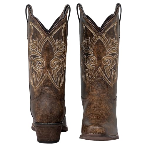 51XAS0v7f8L.jpg Women's Square Toe Cowboy Boots Mid Wide Calf Distressed Western Cowgirl Boots