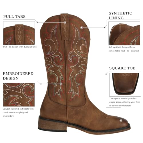 Womens Square Toe Cowgirl Cowboy Boots Mid Calf with Chunky Heel Retro Embroidery Western Boots