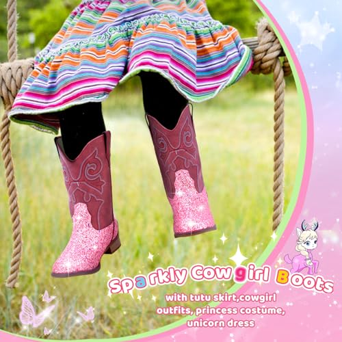 Girls Cowboy Boots Kids Cowgirl Western Boot Glitter Round Toe with Walking Heel for Toddler/Little Kid/Big Kid