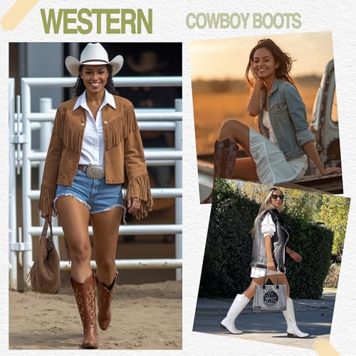 Women's Cowboy Boots Embroided Western Cowgirl Boots Square Toe Knee High Pull on Wide Calf Shoes with Inside Zipper