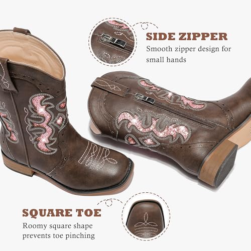 Kids Cowgirl Boots for Girls Western Square Toe Girls Sparkle Boots Zipper Mid Calf Low Heel Horse Riding for Toddler Little Big