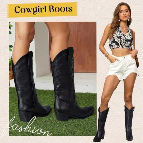 Cowboy Boots for Women Wide Calf - Cowgirl Boots with Pointed Toe and Chunky Heel for All-Day Comfort | Perfect for Country