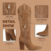 Knee High Cowboy Boots for Women Pointed Toe Chunky High Heels Pull-on Embroidered Boots Western Boots Wide Calf Cowgirl Boots