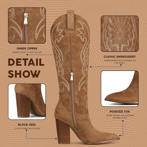 Knee High Cowboy Boots for Women Pointed Toe Chunky High Heels Pull-on Embroidered Boots Western Boots Wide Calf Cowgirl Boots