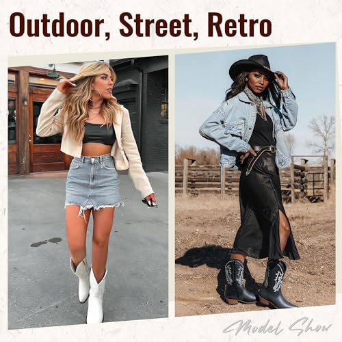 Women's Cowboy Boots, Western Cowgirl Mid-Calf Pull on Round Toe Embroidered Country Boots with Inside Zipper