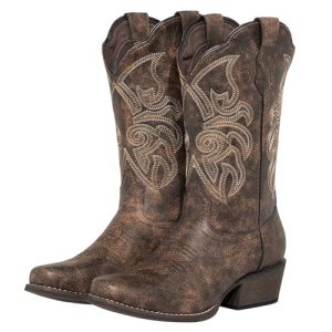 Women's Square Toe Cowboy Boots Mid Wide Calf Distressed Western Cowgirl Boots