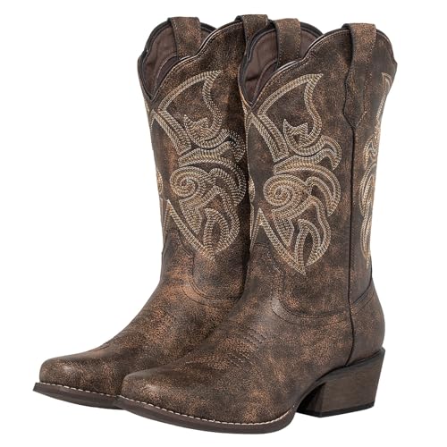 51kjfB0SAhL.jpg Women's Square Toe Cowboy Boots Mid Wide Calf Distressed Western Cowgirl Boots