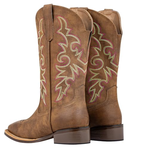 Women's Extra Wide Calf Cowboy Boots Square Toe – Pull-On Western Boots for Thick Calves, Stretch Comfort & Removable Insole,