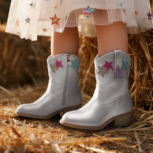 Toddler Cowboy Boots Cowgirl Boots for Girls Little Kids Western Booties with Side Zipper Round Toe Horse Riding Shoes with