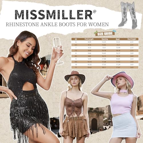 51q3G3tQ5KL.jpg Women's Rhinestone Cowboy Boots Mid Calf Cowgirl Boots Pointed Toe Chunky Heel Sparkly Western Boot with Pull On Tabs