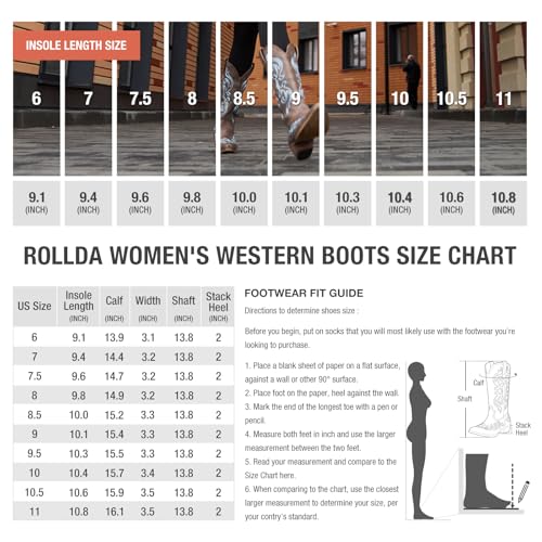 Rollda Cowboy Boots for Women Western Cowgirl Boots with Chunky Heel Ladies Snip Toe Mid-Calf Boots