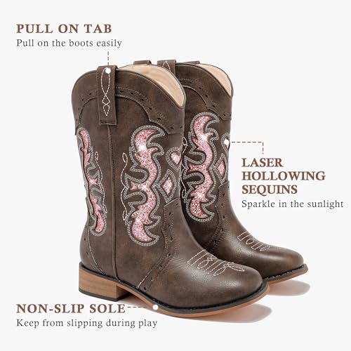 Kids Cowgirl Boots for Girls Western Square Toe Girls Sparkle Boots Zipper Mid Calf Low Heel Horse Riding for Toddler Little Big