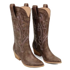 Women Mid-calf Cowboy Boots Pointy Toe Boots Embroidered Western Cowgirl Boots Chunky Heels