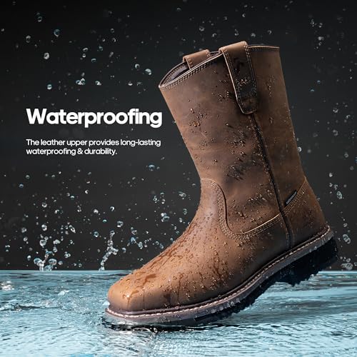 Steel Toe Work Boots for Men – Waterproof Pull on Wellington Cowboy Boots for Men with Full-grain Leather for Construction,