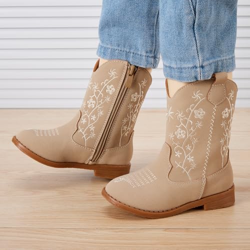 Toddler Girls Cowboy Cowgirl Boots Little Kids Pointed Toe Western Boots Mid Calf Side Zipper Riding Shoes for All Seasons
